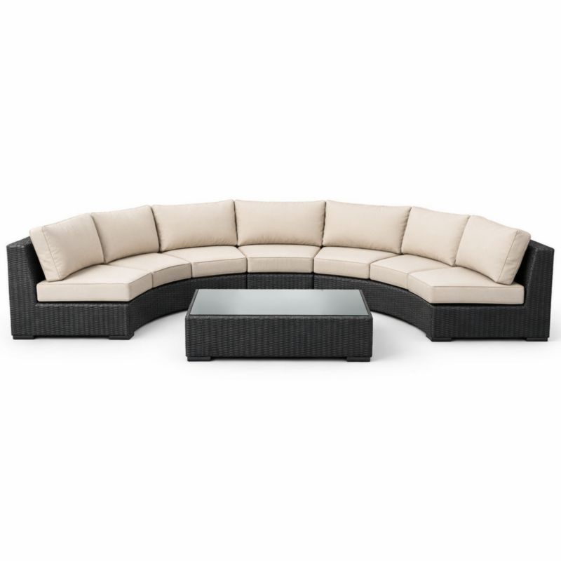 Canapé d'angle en rotin noir avec coussins en polyester beige et table basse en verre trempé