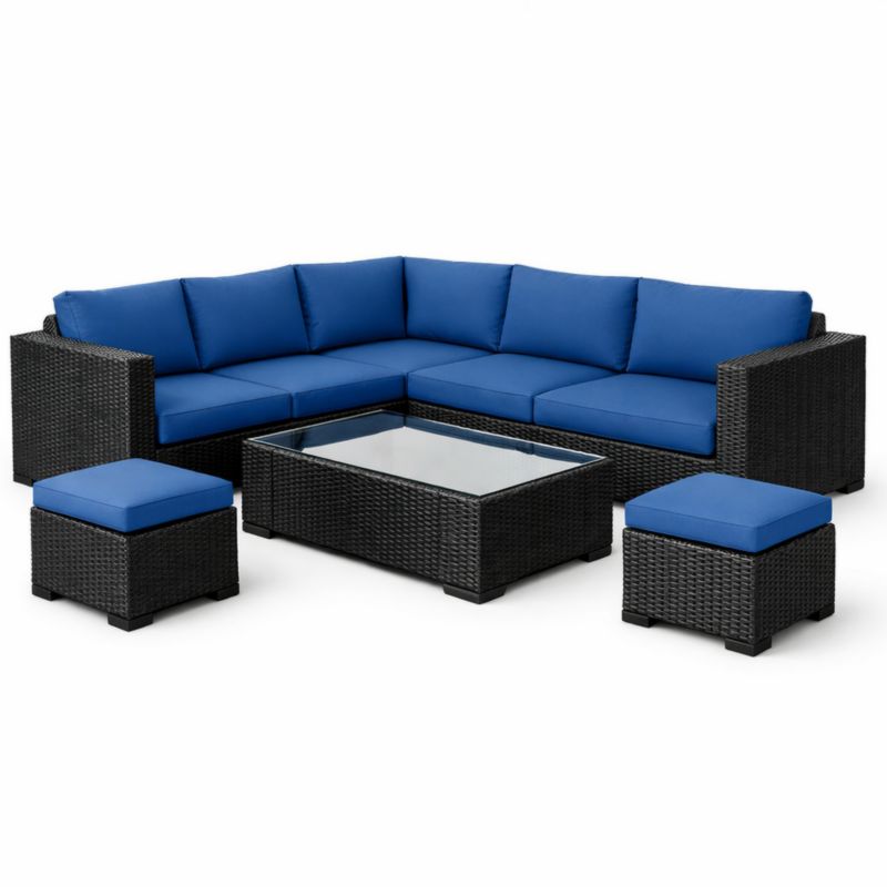 Ensemble de salon de jardin en résine tressée avec coussins bleus