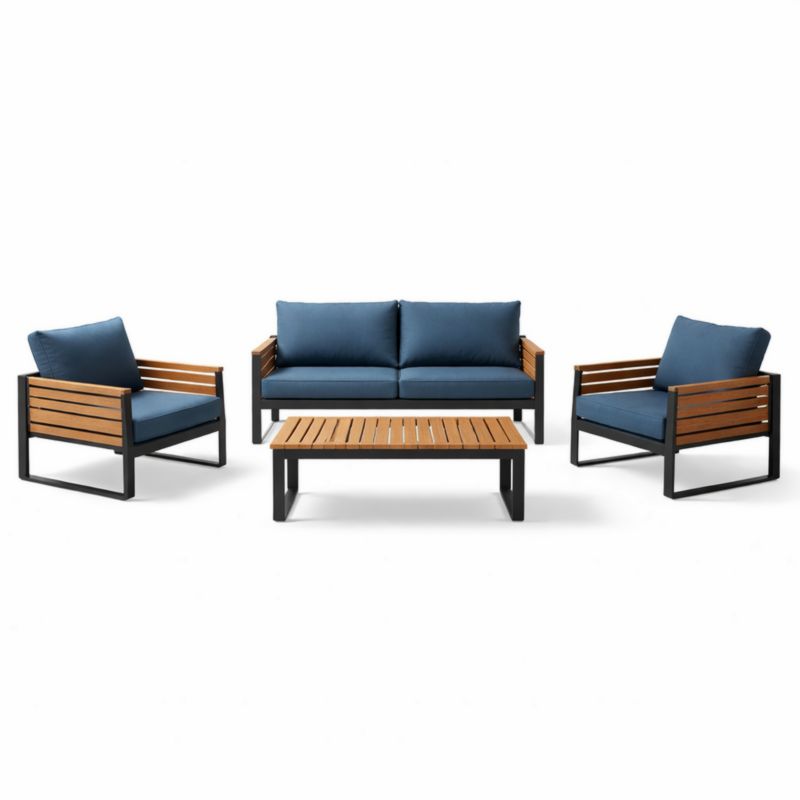 Ensemble de Salon de Jardin en Aluminium et Bois avec Coussins Bleus