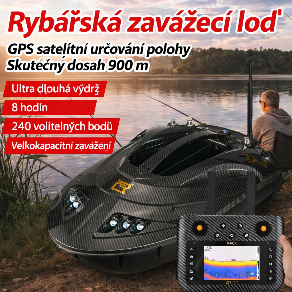 GPS návnadová loď s přesnou navigací, vestavěný sonar pro vyhledávání ryb, automatické zakrmování a návrat, snadné nalezení ryb a vyšší úspěšnost lovu  2️⃣
