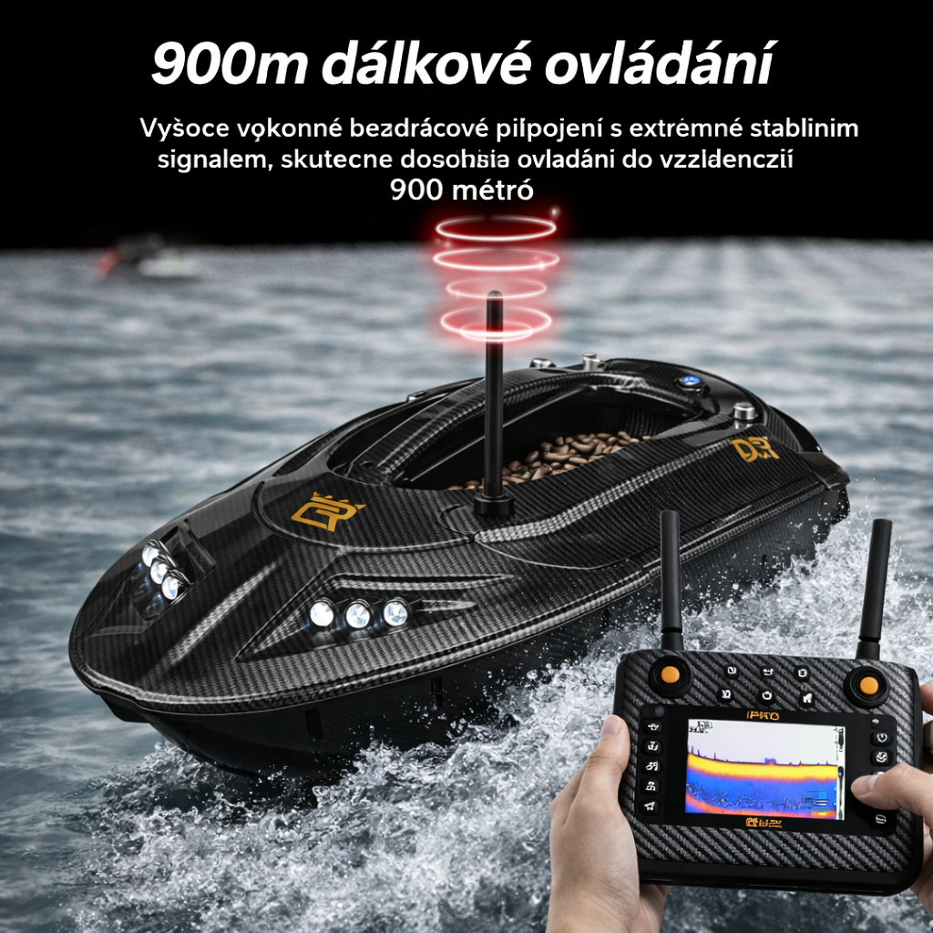 GPS návnadová loď s přesnou navigací, vestavěný sonar pro vyhledávání ryb, automatické zakrmování a návrat, snadné nalezení ryb a vyšší úspěšnost lovu  2️⃣