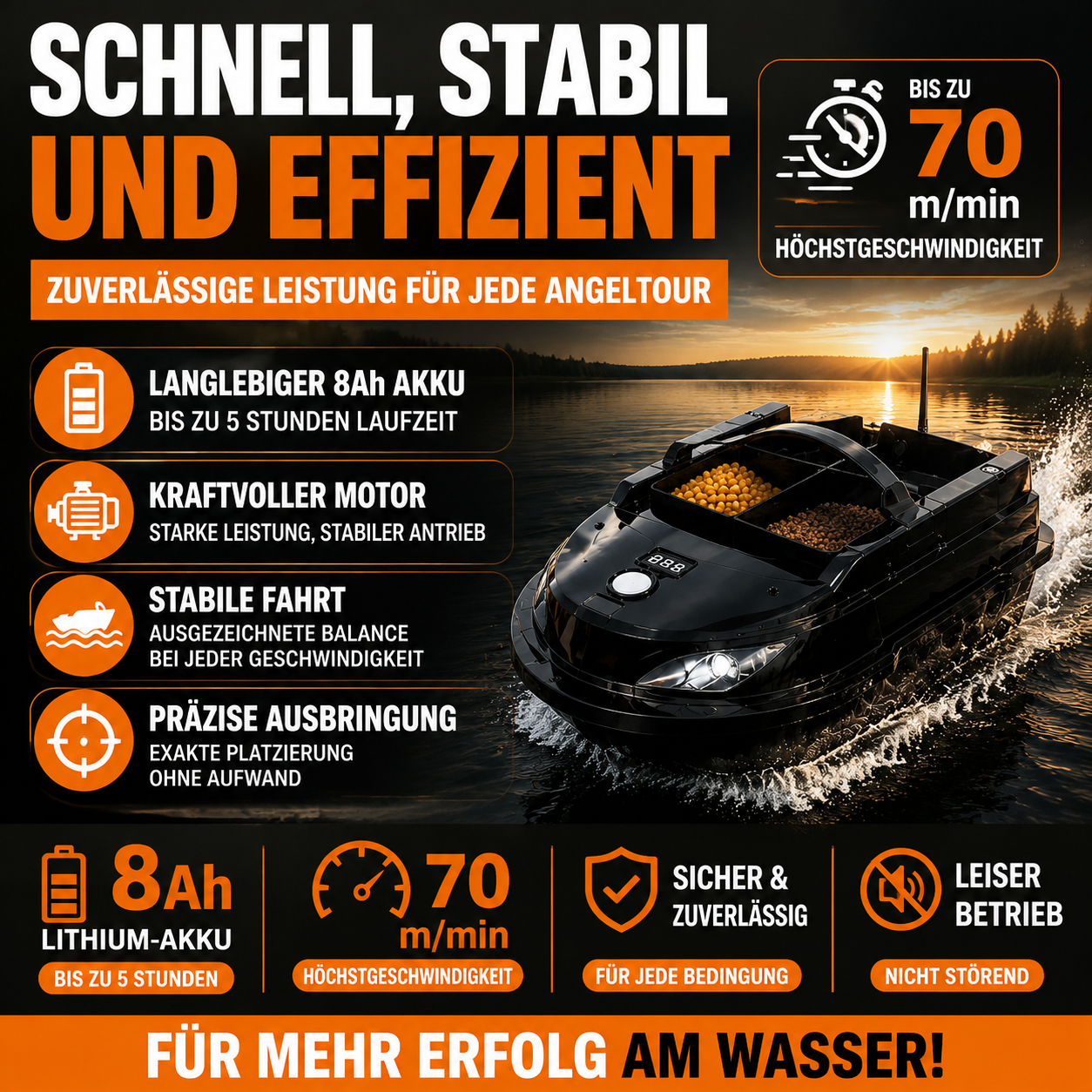 GPS-gestütztes Futterboot mit präziser Navigation, integriertem Fischfinder-Sonar, automatischer Fütterung und Rückführung – für einfaches Auffinden von Fischen und höhere Angelerfolge.