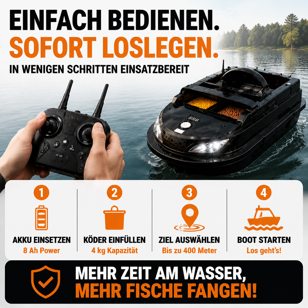 GPS-gestütztes Futterboot mit präziser Navigation, integriertem Fischfinder-Sonar, automatischer Fütterung und Rückführung – für einfaches Auffinden von Fischen und höhere Angelerfolge.