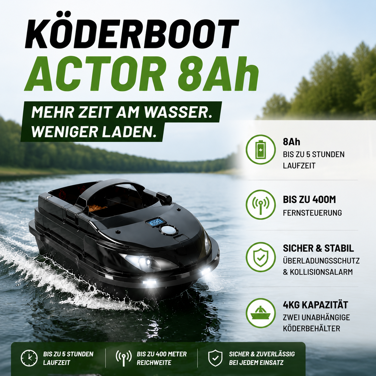 GPS-gestütztes Futterboot mit präziser Navigation, integriertem Fischfinder-Sonar, automatischer Fütterung und Rückführung – für einfaches Auffinden von Fischen und höhere Angelerfolge.