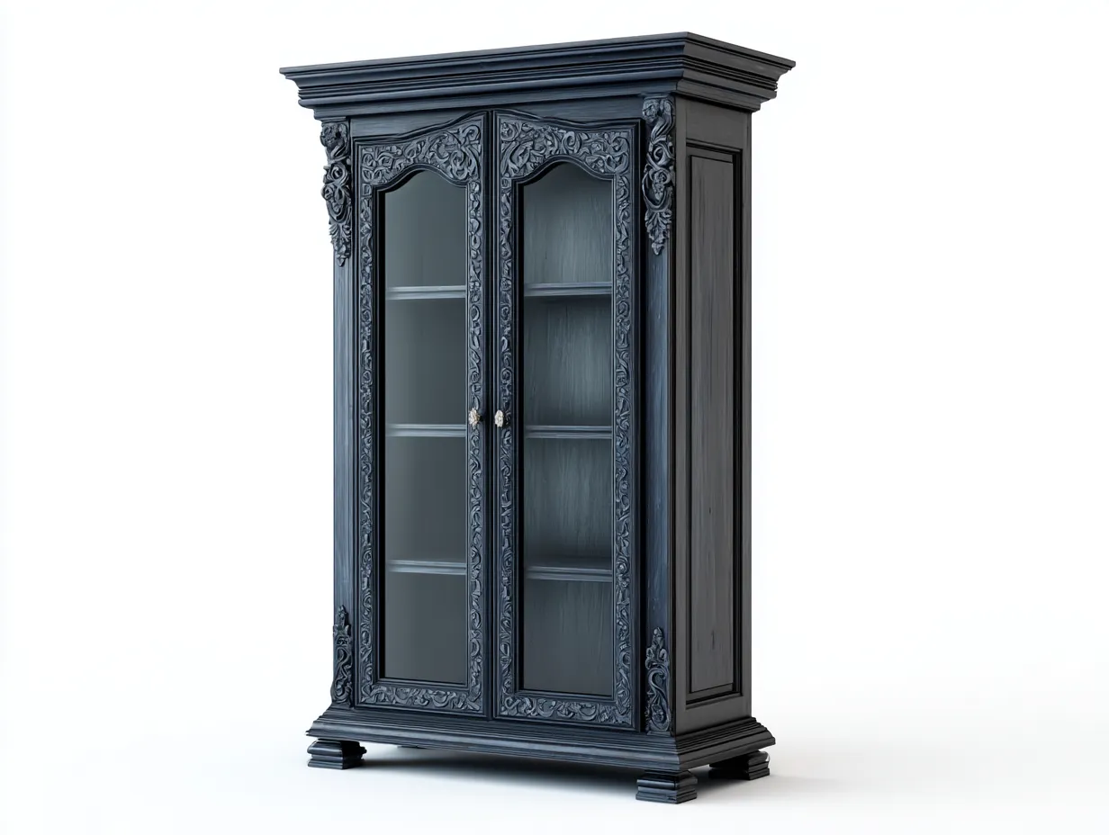 Vetrina-legno-vetro-90x45x190 cm-blu scuro-stile classico decorativo-Bamboogoyard