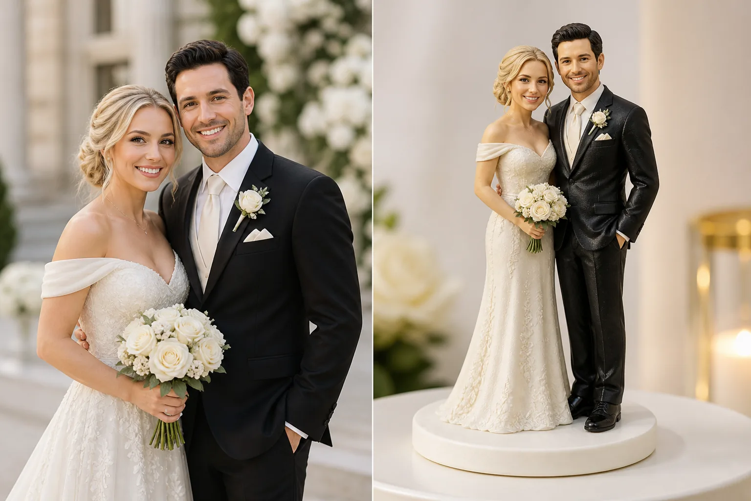Side by side portrait and figurine comparison