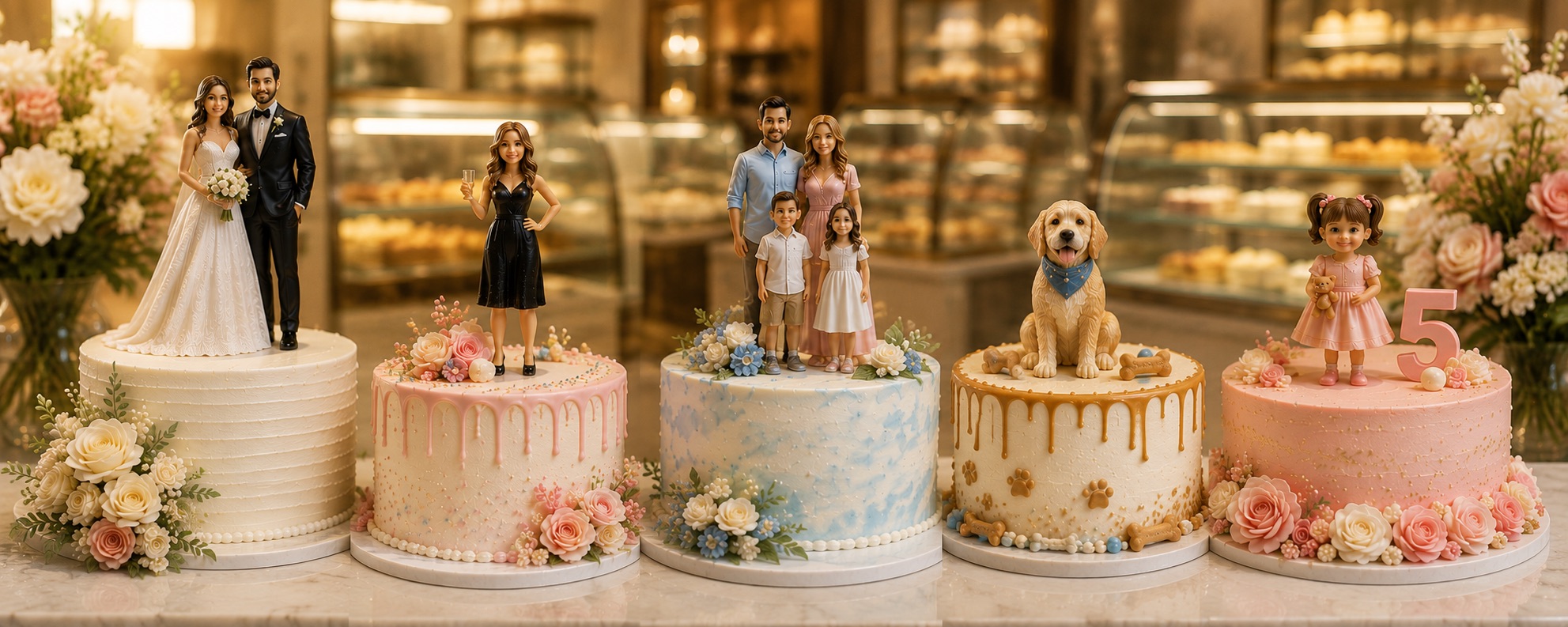 Custom cake topper figurines displayed across wedding, birthday, family, pet, and kids celebration cakes