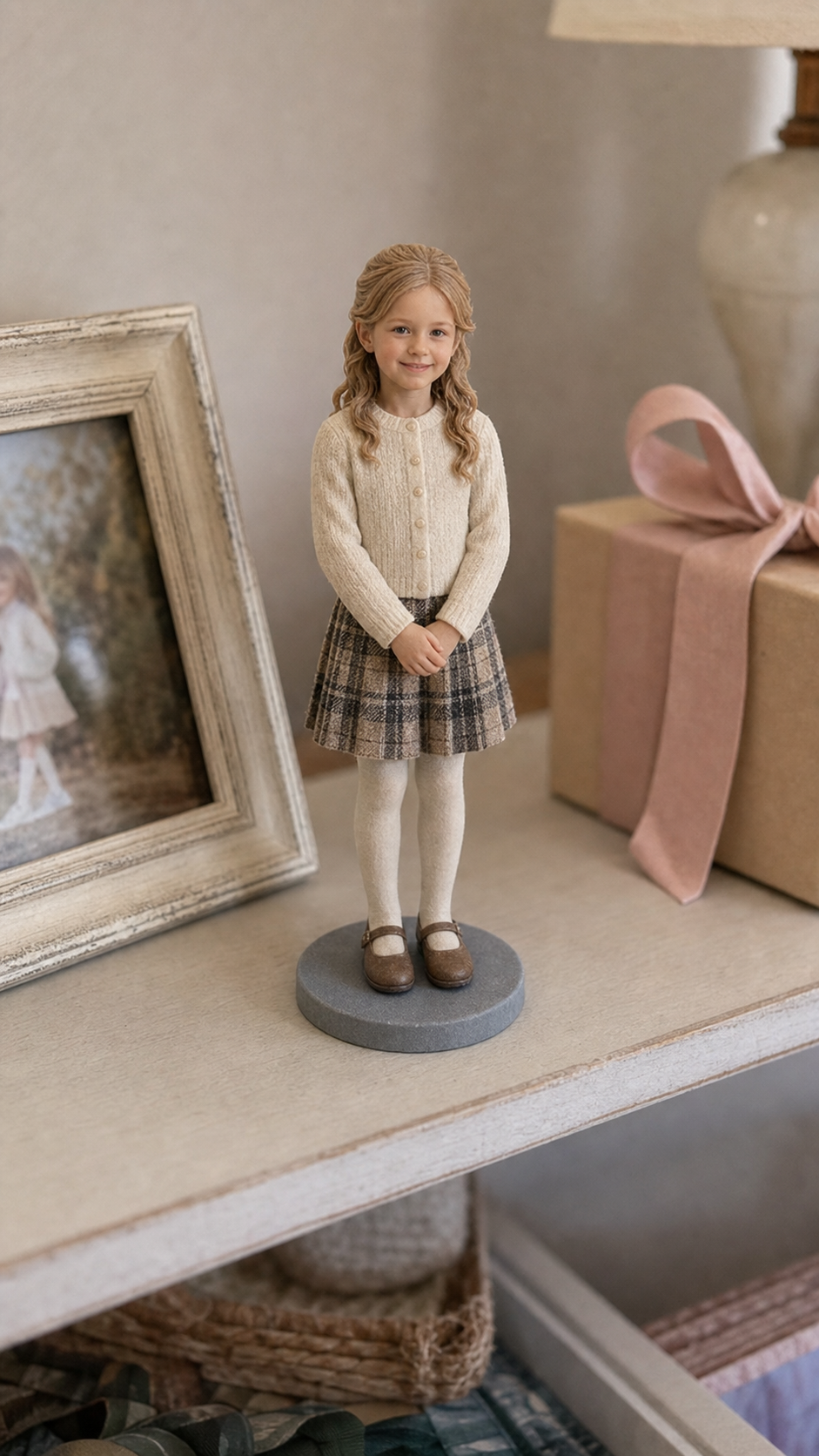 Custom child figurine display keepsake for family shelf or gift box