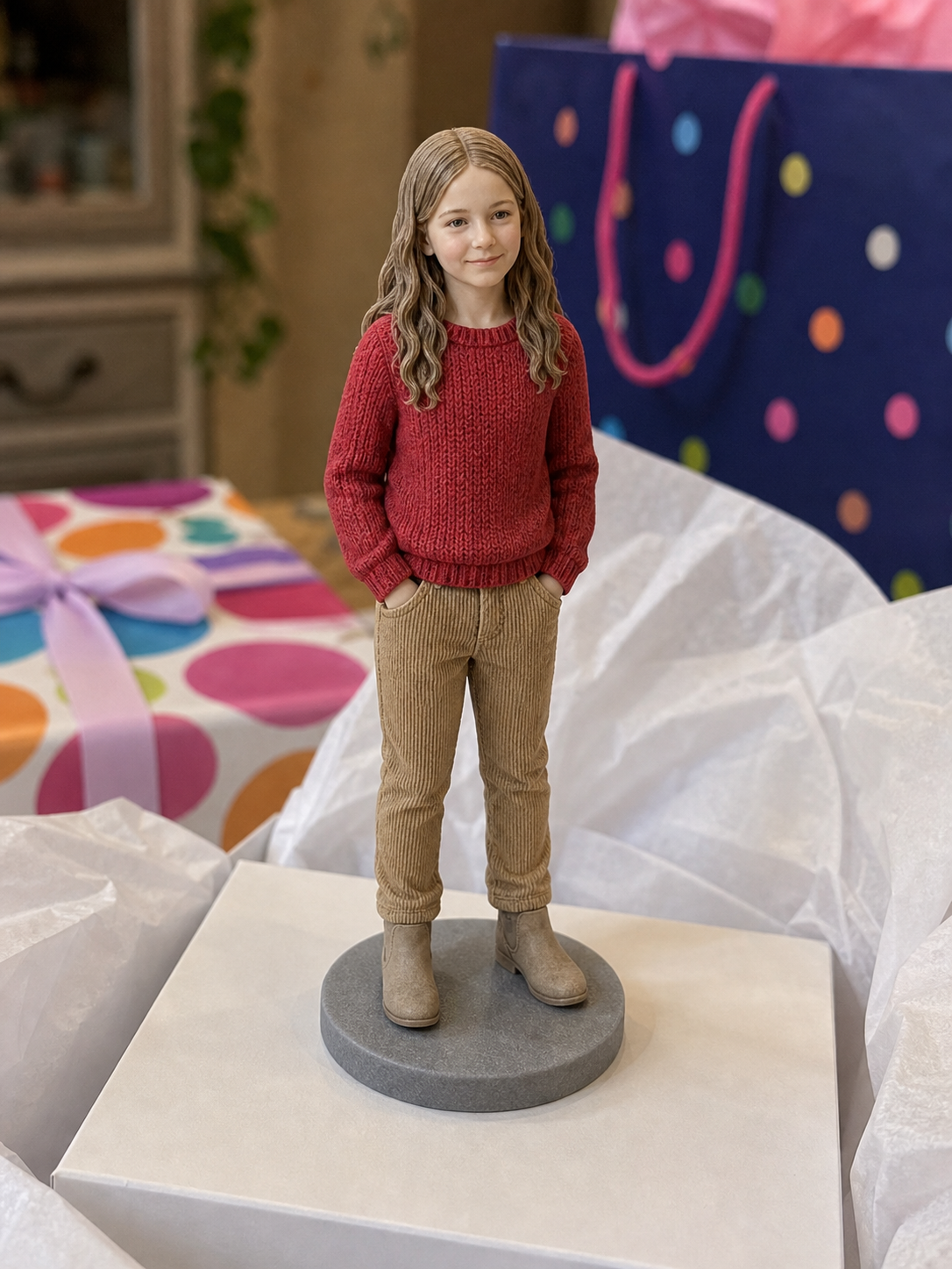 Custom child figurine display keepsake for family shelf or gift box