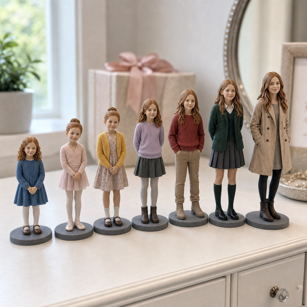 Personalized kids growth keepsake figurines showing childhood milestones