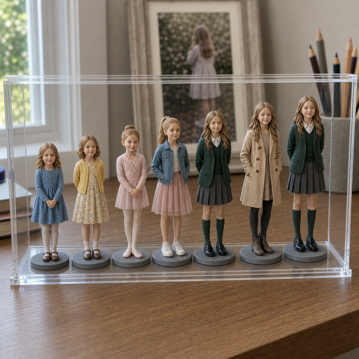 Personalized kids growth keepsake figurines showing childhood milestones