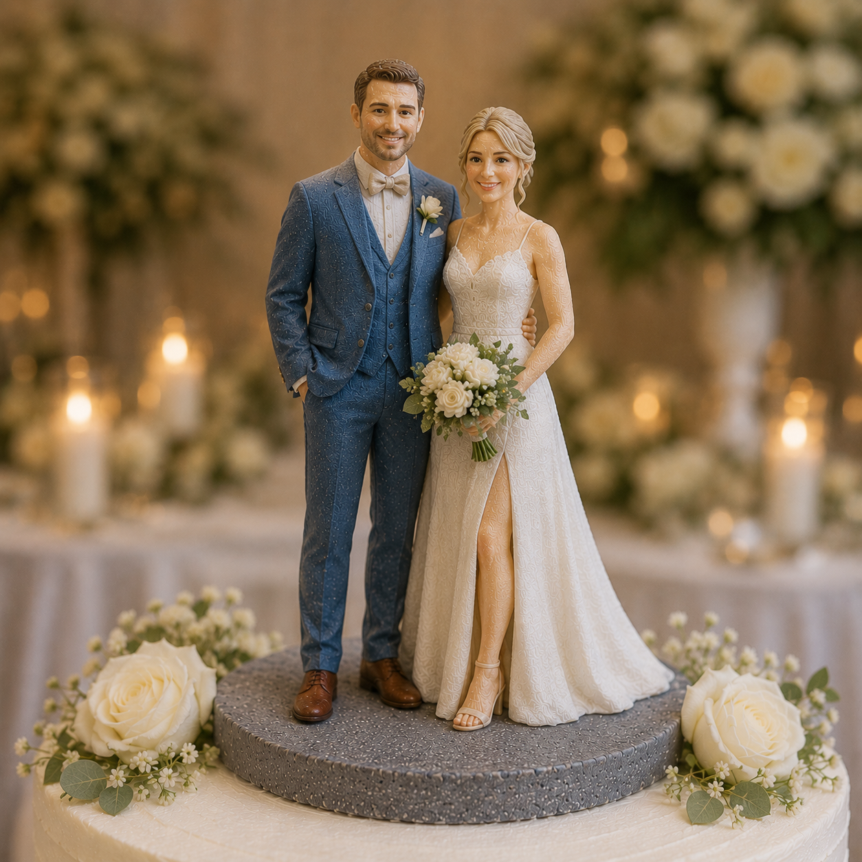 Custom wedding cake topper figurine with blue suit and bride detail