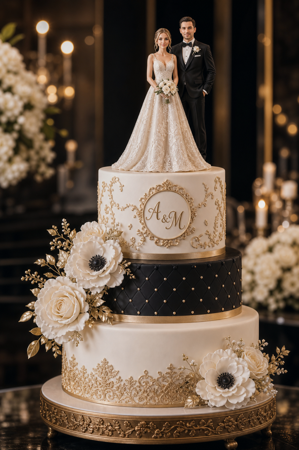 Personalized bride and groom figurine on a black and gold wedding cake