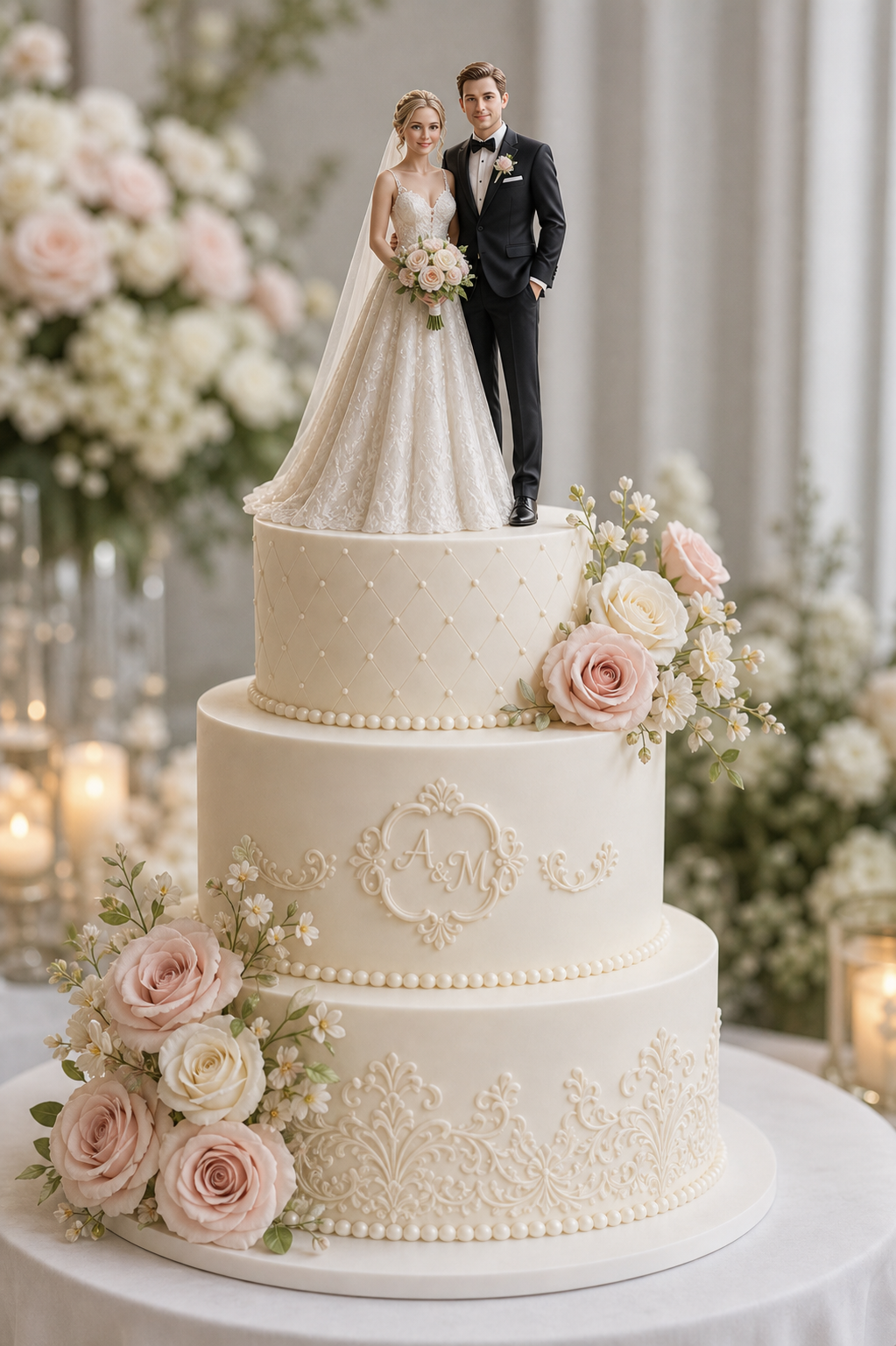 Custom bride and groom 3D cake topper figurine on a rose wedding cake