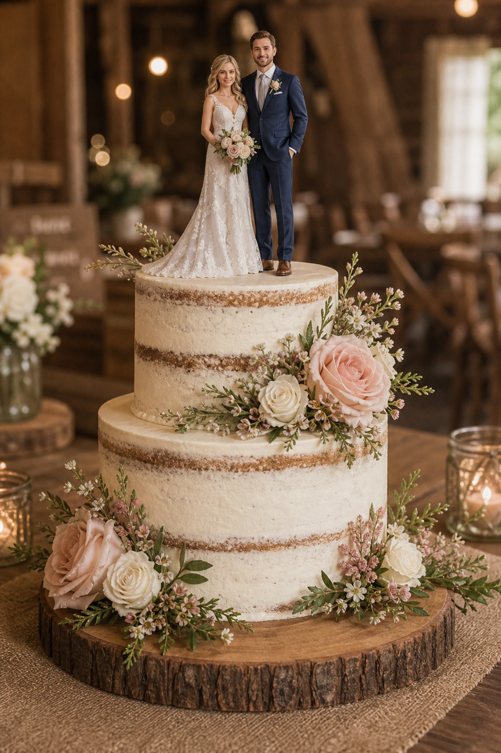Bride and groom 3D cake topper figurine on a rustic wedding cake