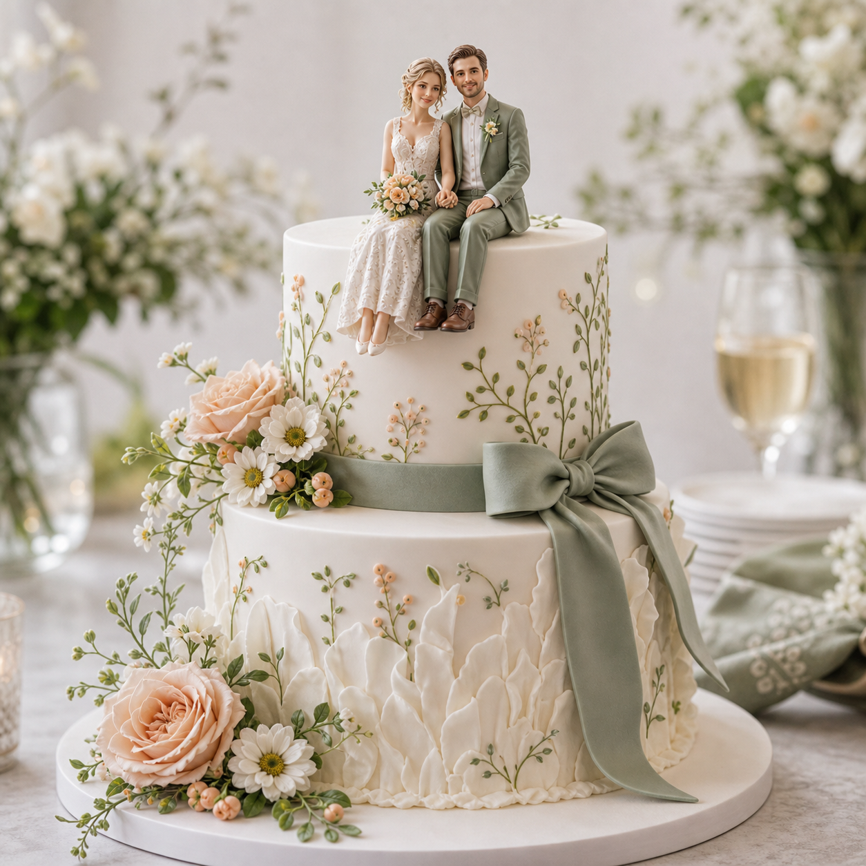 Custom wedding cake topper figurine from one photo on a floral white cake