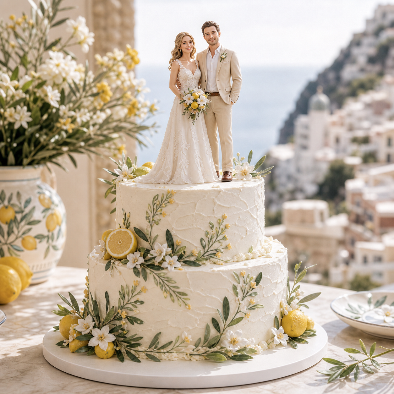 Custom bride and groom cake topper figurine on a lemon floral wedding cake