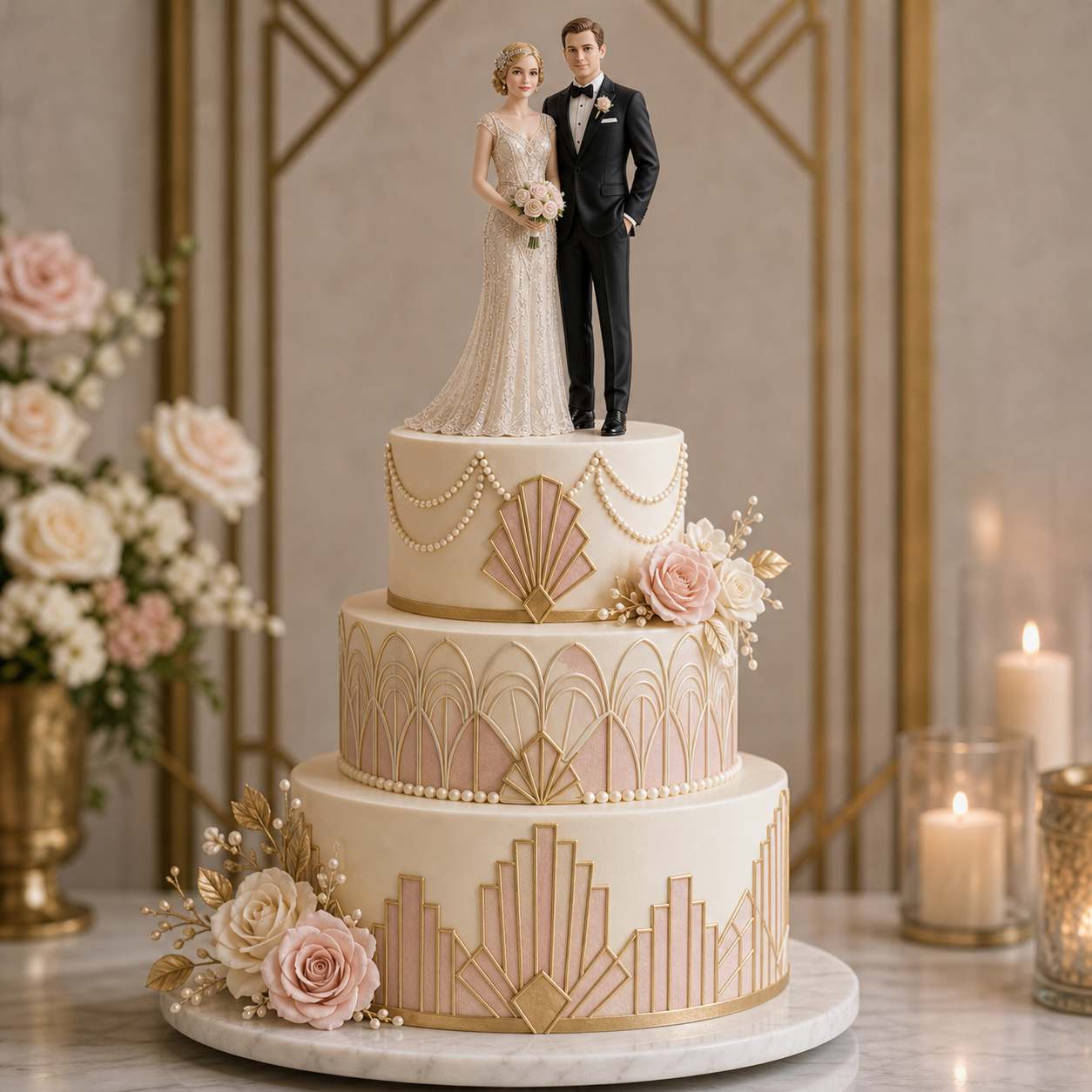 Personalized bride and groom 3D cake topper figurine on an elegant white wedding cake