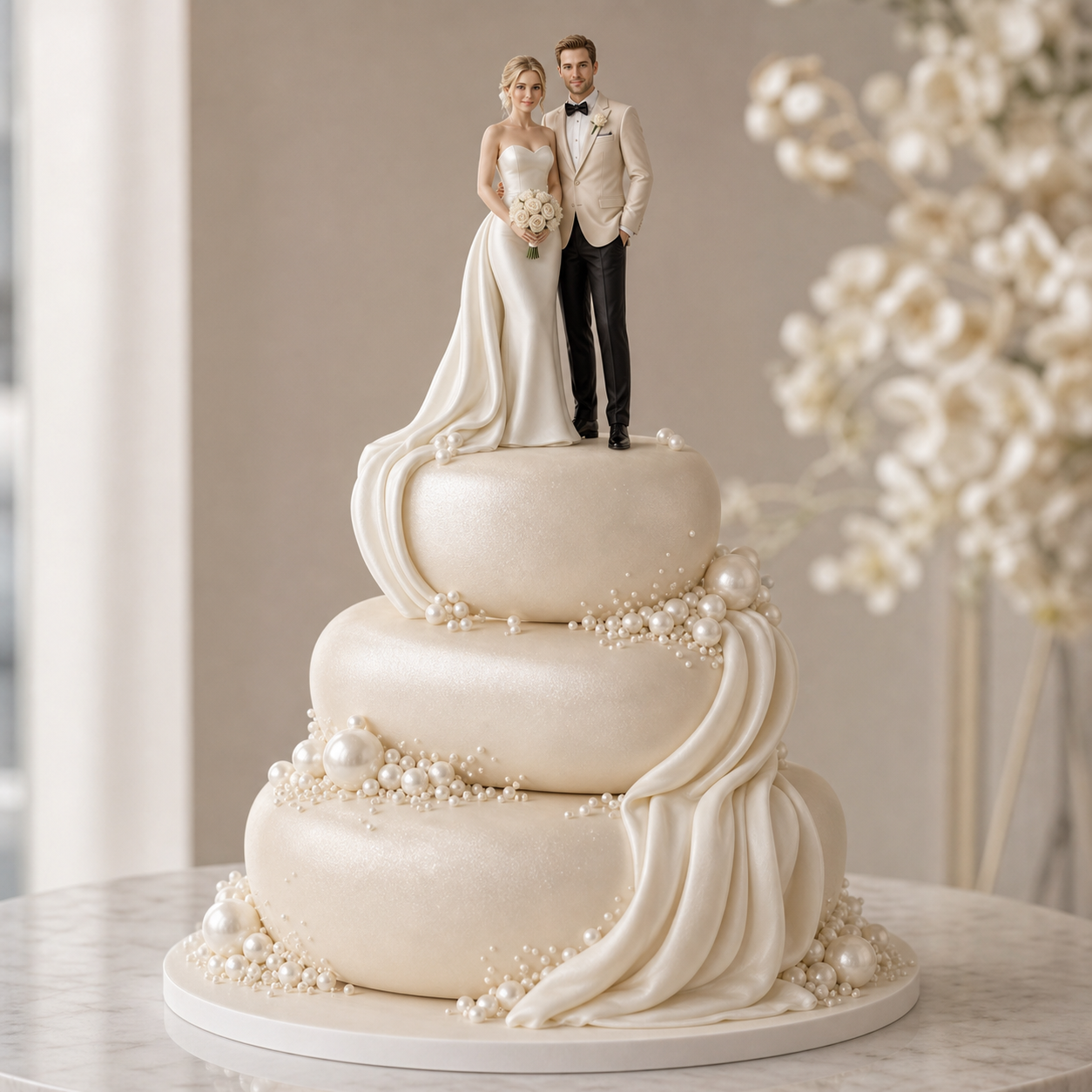 Personalized bride and groom figurine displayed on a three-tier white wedding cake