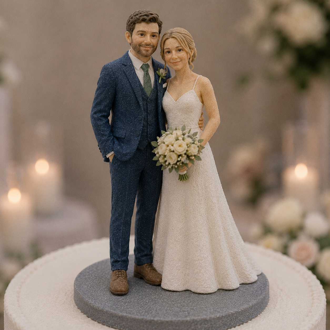 Custom wedding couple figurine displayed as a cake topper