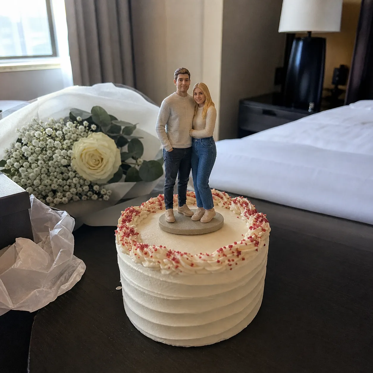 Custom wedding cake topper figurine with romantic couple pose