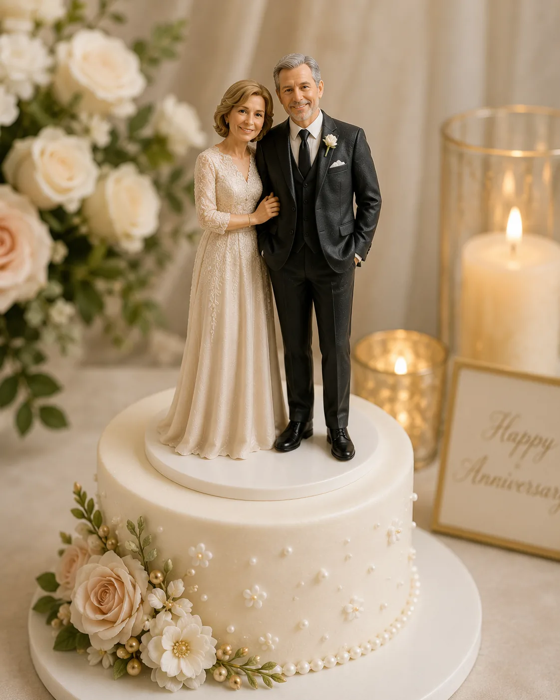 Anniversary-style couple cake topper figurine