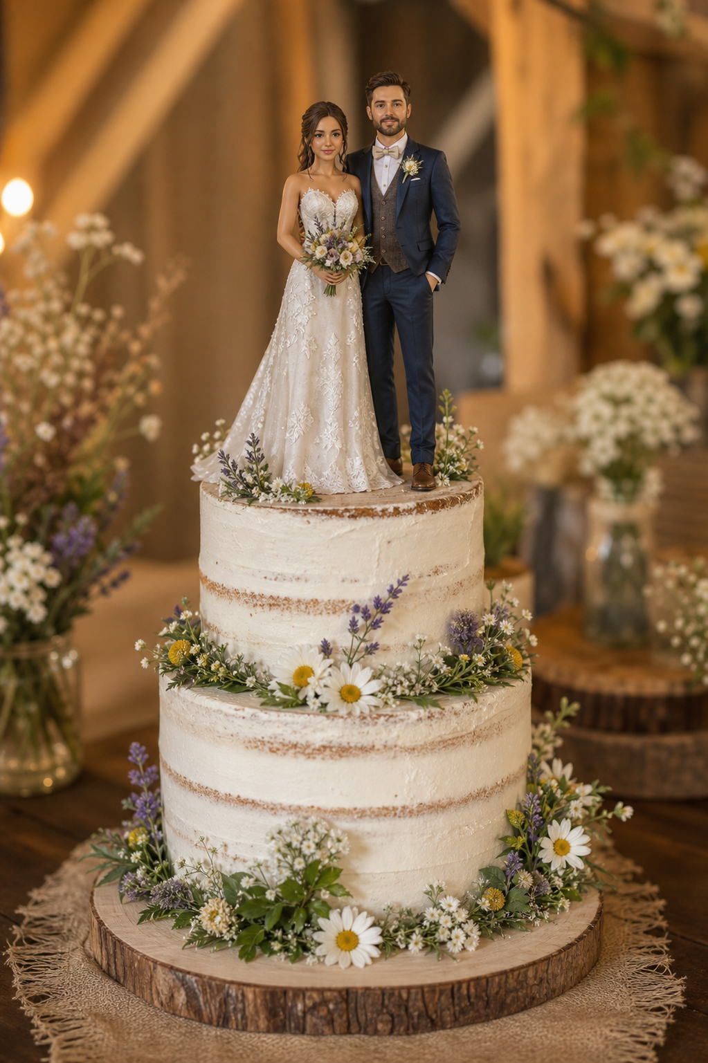 Personalized wedding cake topper figurine on a garden-style wedding cake