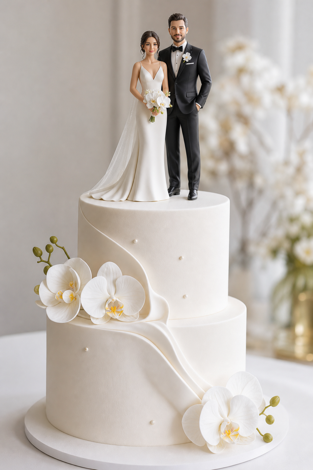 Bride and groom cake topper figurine on a white orchid wedding cake