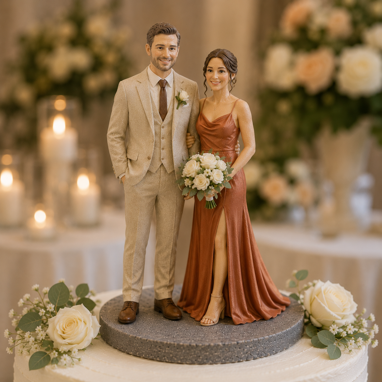 Personalized couple cake topper figurine for evening wedding table display