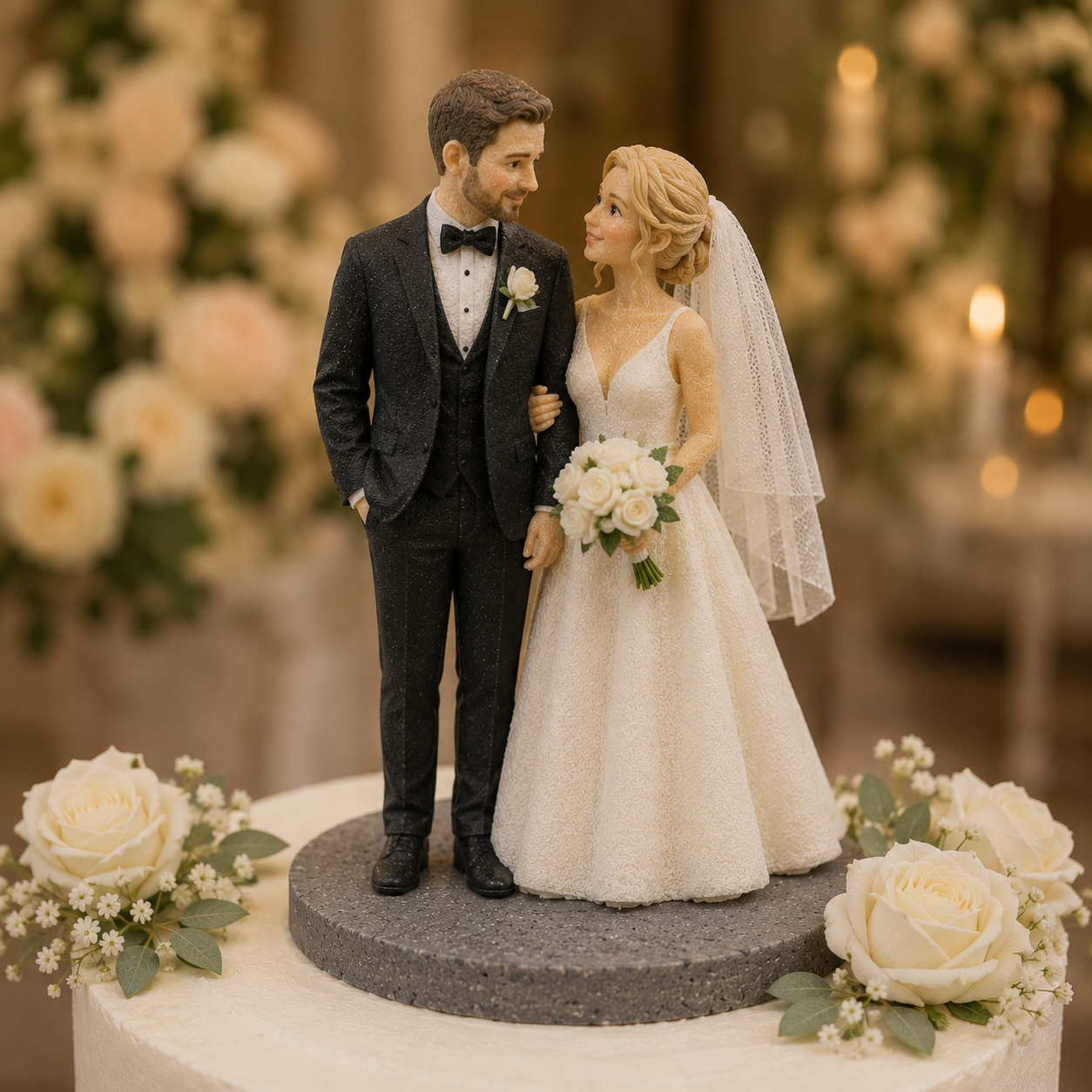 Personalized wedding cake topper figurine from photo with bride and groom