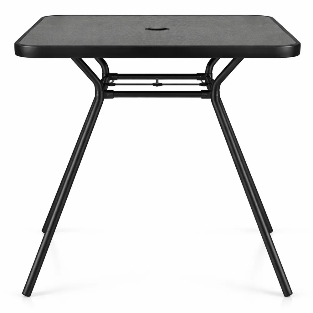 Table de jardin carrée avec plateau en SPC et trou pour parasol