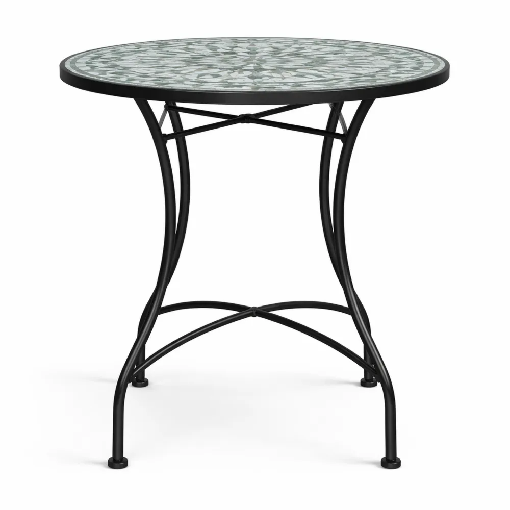 Table de jardin ronde en métal avec motif mosaïque, pieds antidérapants, assemblage facile, usage intérieur et extérieur