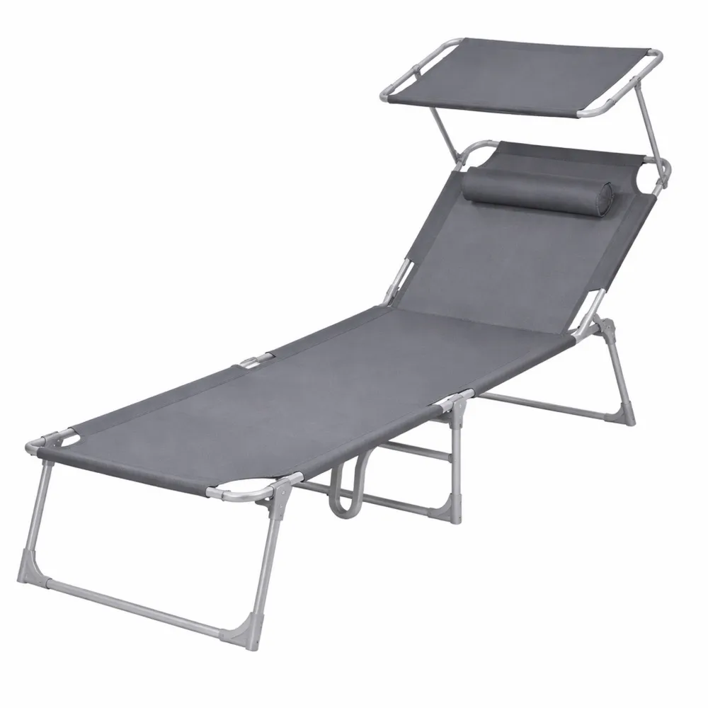 Chaise Longue Pliable avec Pare-soleil et Dossier Réglable pour Jardin
