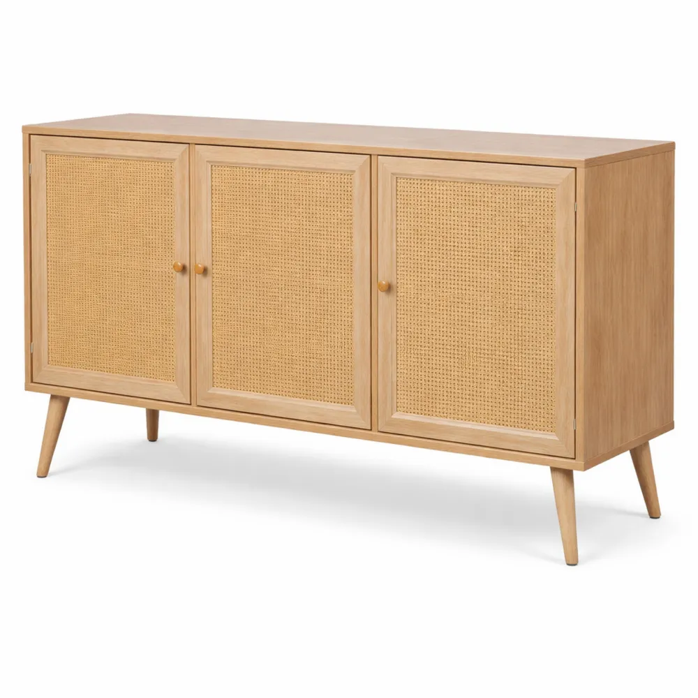 Buffet de Rangement en Cannage avec Pieds Scandinaves, 3 Portes, 2 Niveaux, 120x39x70cm