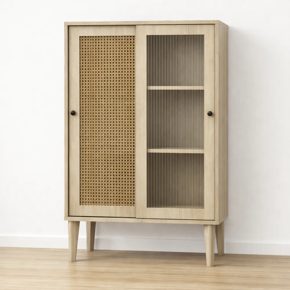 Buffet naturel avec porte en verre et rotin, rangement modulable
