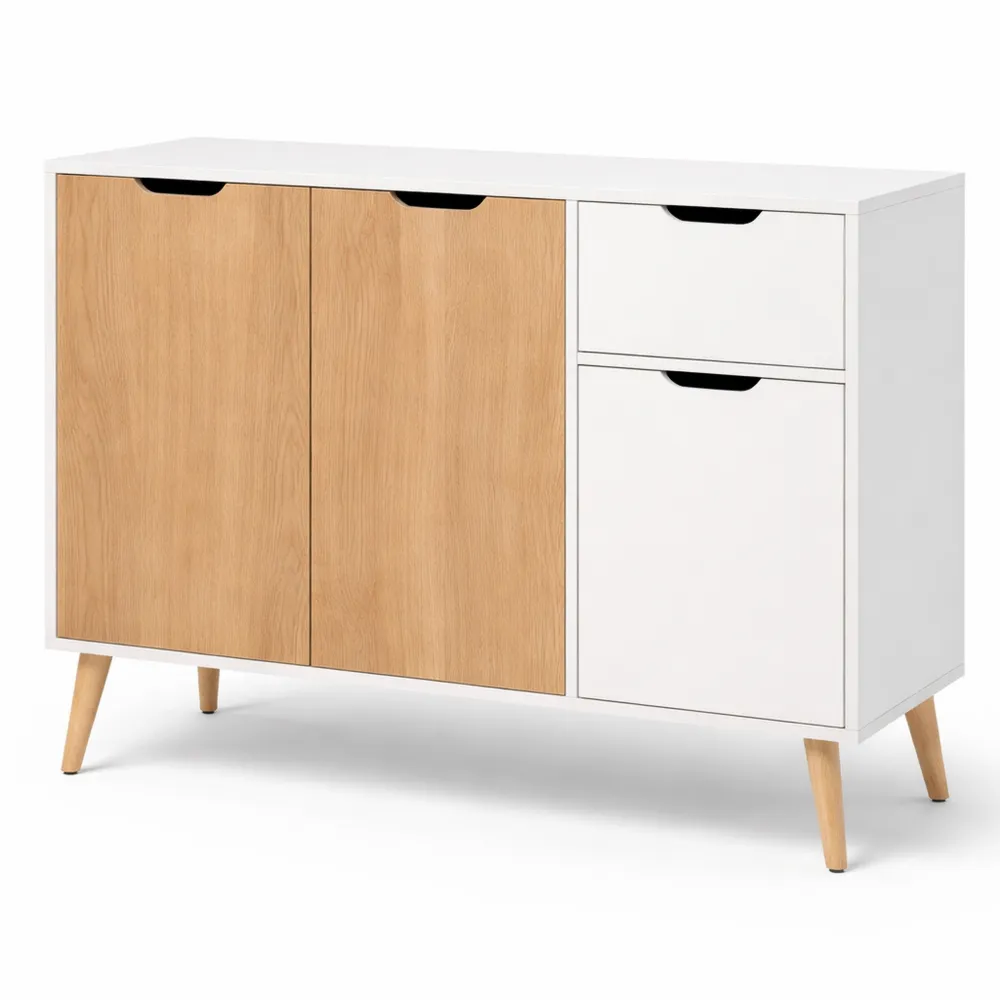 Buffet scandinave avec tiroir coulissant et pieds en bois massif