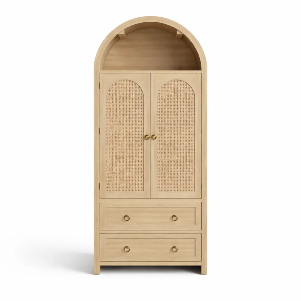 Buffet en osier courbé avec deux tiroirs, design vintage idéal pour le rangement au salon et dans la chambre