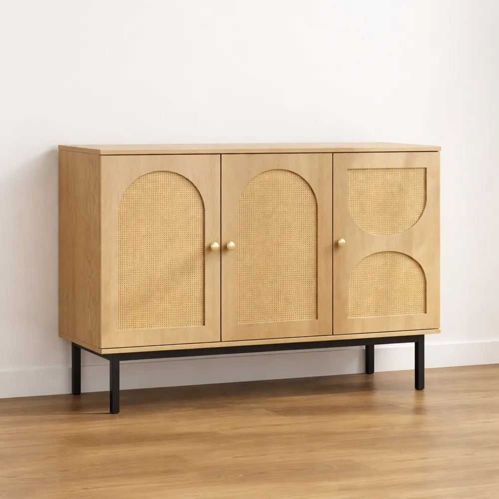 Buffet en rotin 3 portes avec étagères réglables pour cuisine et salon