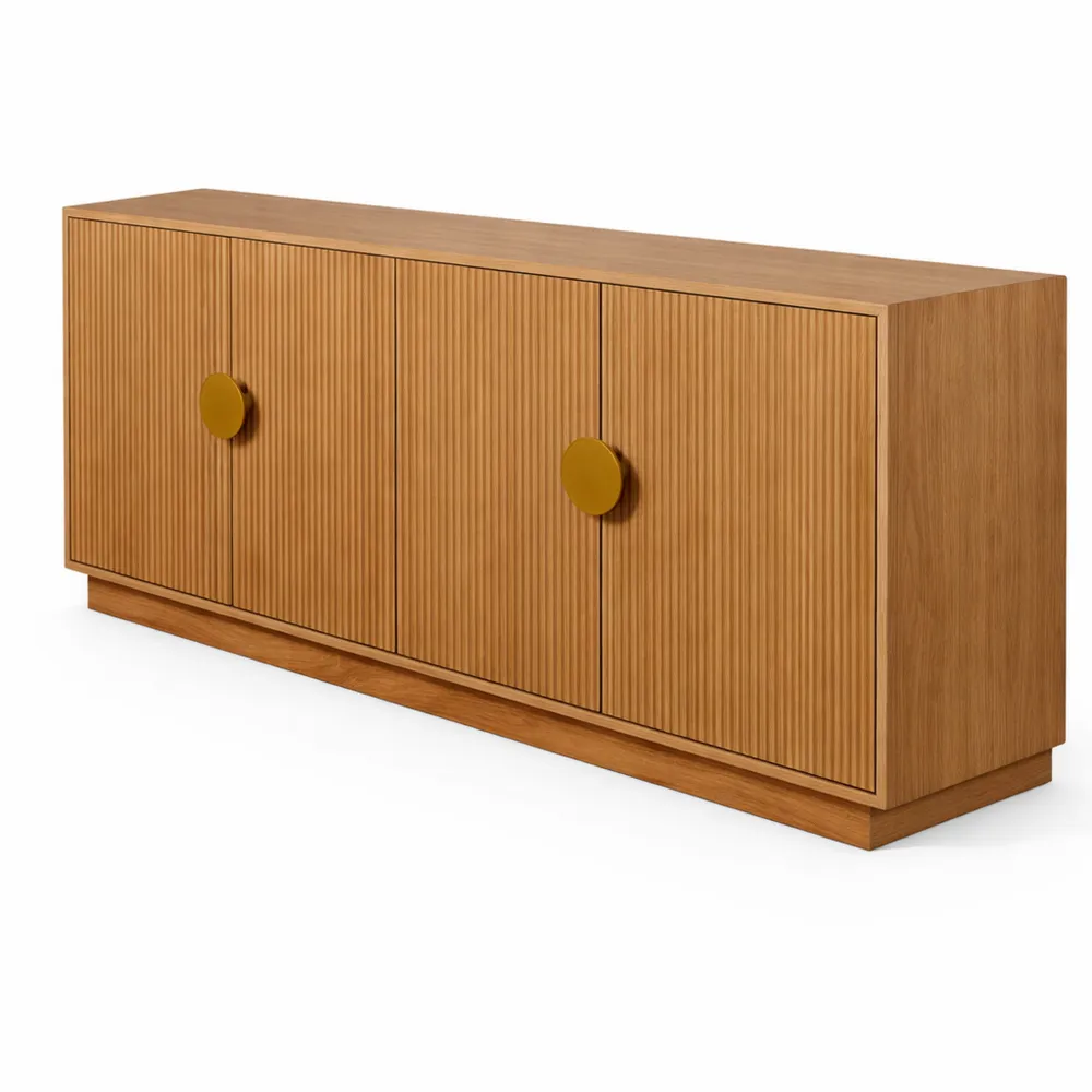 Buffet en Bois de Manguier avec Portes Rainurées et Poignées en Métal Doré