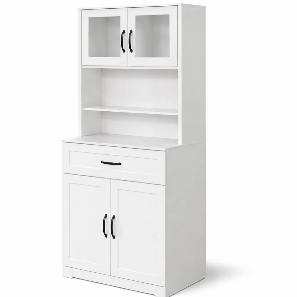 Armoire de Cuisine avec Étagères et Portes Vitrées, Blanc