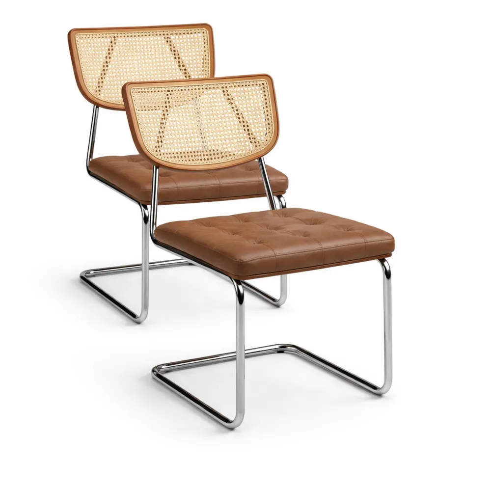 Ensemble de 2 chaises cantilever en similicuir avec dossier en rotin