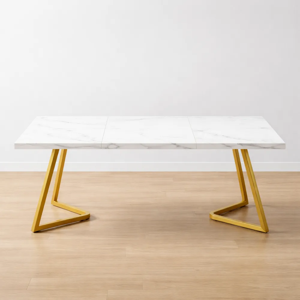 Table à manger rectangulaire blanche avec pieds dorés, pour 4 à 6 personnes