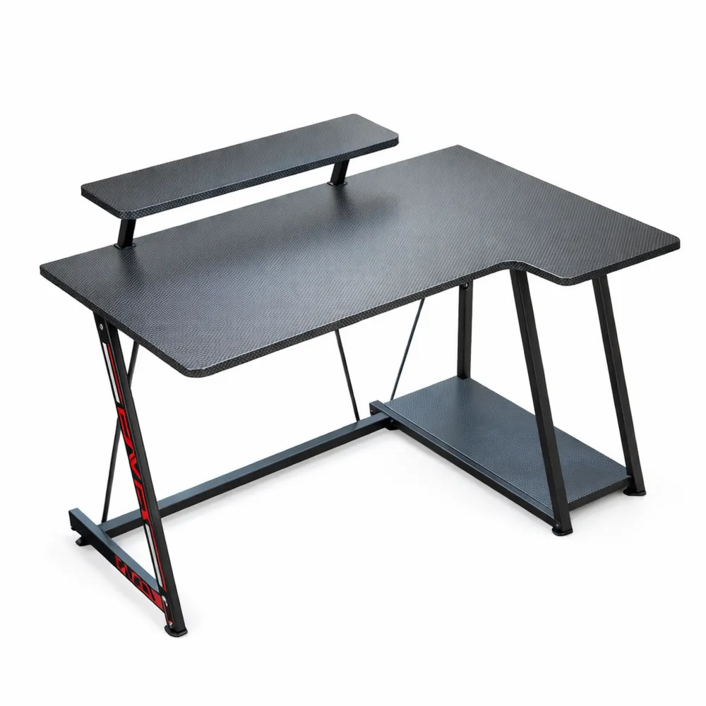 Bureau de jeu avec éclairage LED et prises, 100 cm avec support moniteur et étagère de rangement