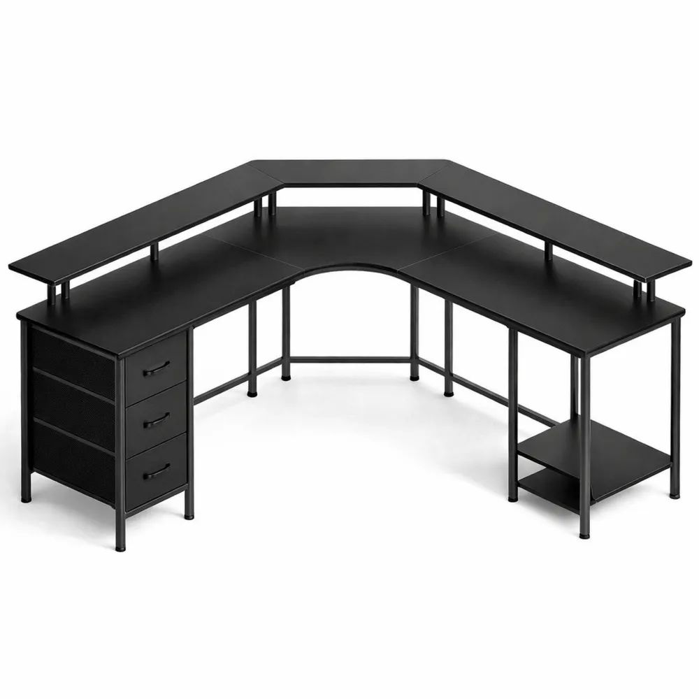 Bureau d'angle en L avec rangement et éclairage LED, 135 x 135 cm
