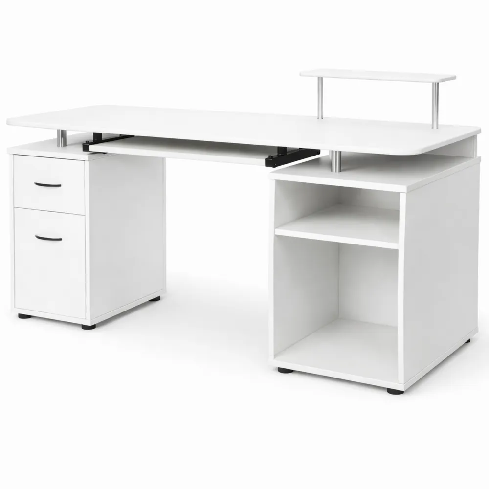 Table de travail avec rangement et support clavier, 120 x 55 x 85 cm, idéale pour la chambre ou le bureau, couleur blanche