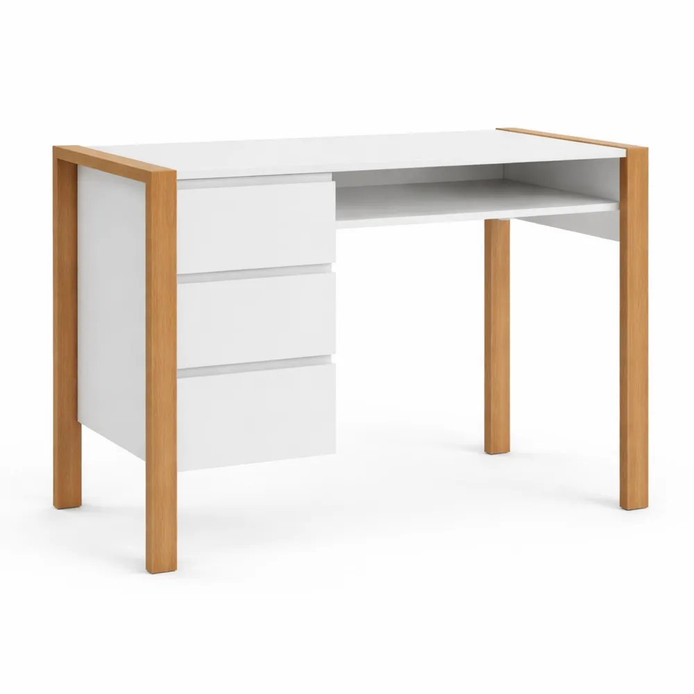 Bureau scandinave avec tiroirs et niche blanc et bois