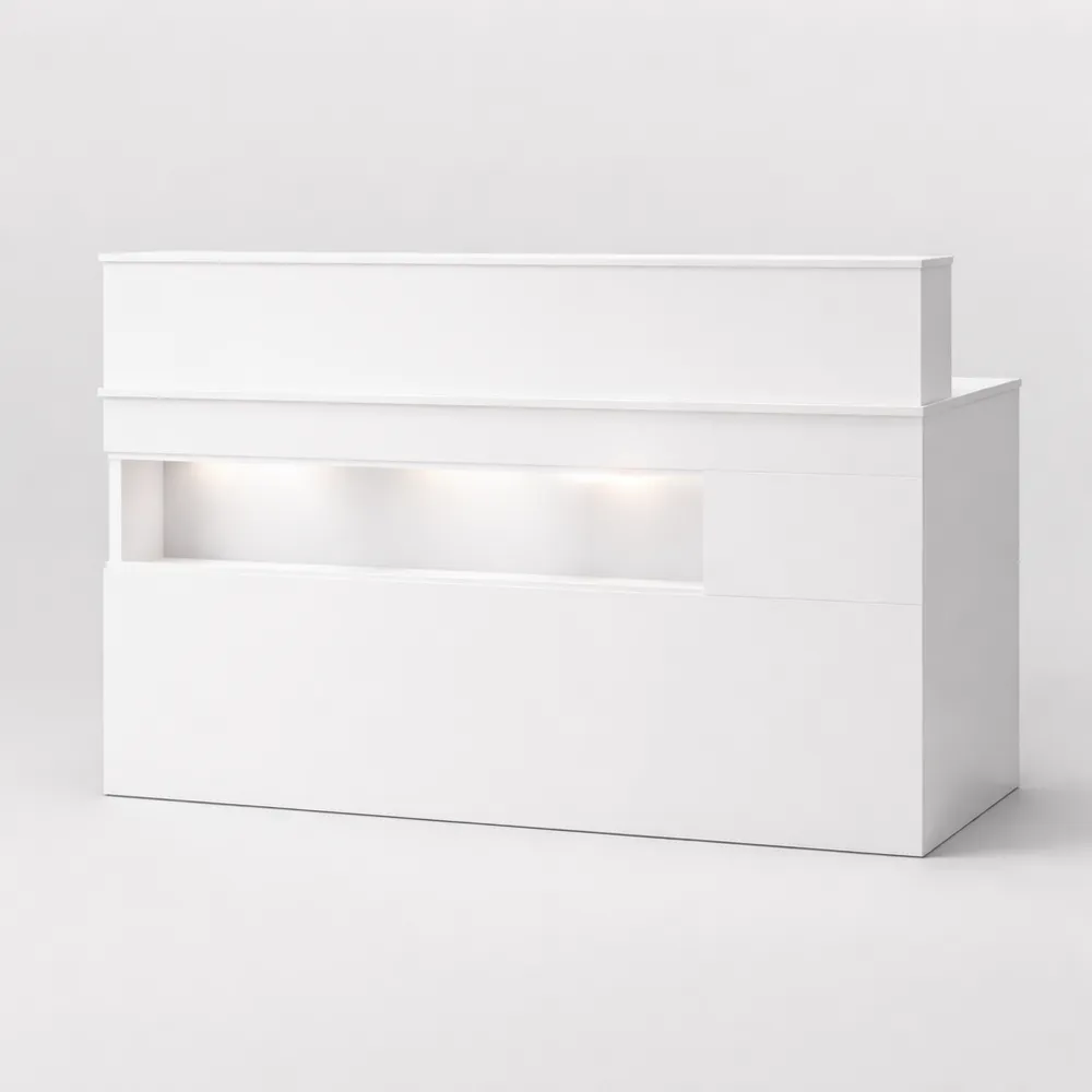 Comptoir d'accueil moderne avec éclairage intégré et espace de rangement