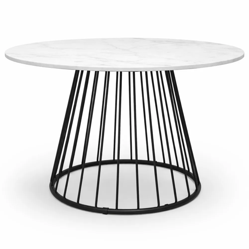 Table Ronde 6 Personnes Métal Noir Marbre Blanc 110 cm