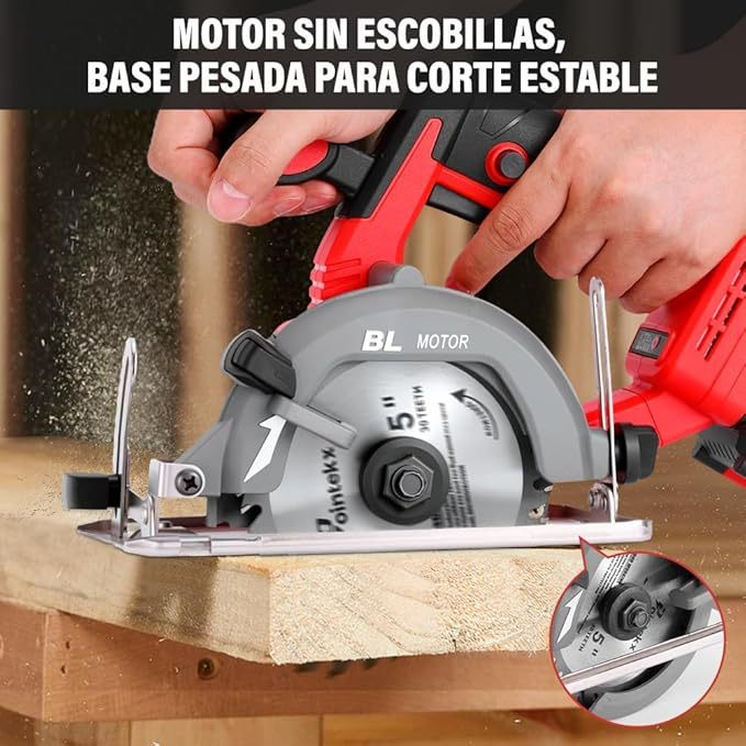 Sierra Circular Inalámbrica 125mm, 7200 RPM, 3 Velocidades Ajustables, Incluye 2 Baterías, Ángulo De Corte Ajustable 0°-45°, Para Cortar Madera, Mármol Y Baldosas De Porcelana