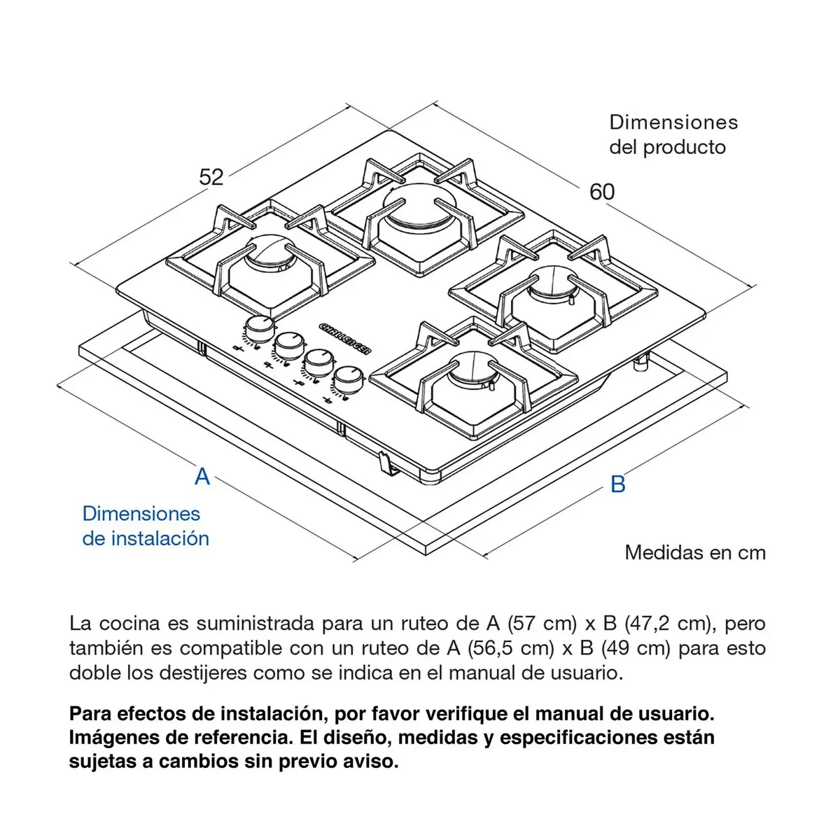 Estufa Empotrable Gas Natural 60x52 cm 4 Puestos Vidrio Squad
